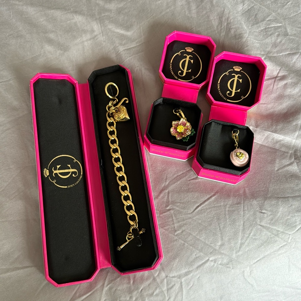 BUNDLE: juicy couture bracelet, flower charm, cupcake charm (opens and closes)